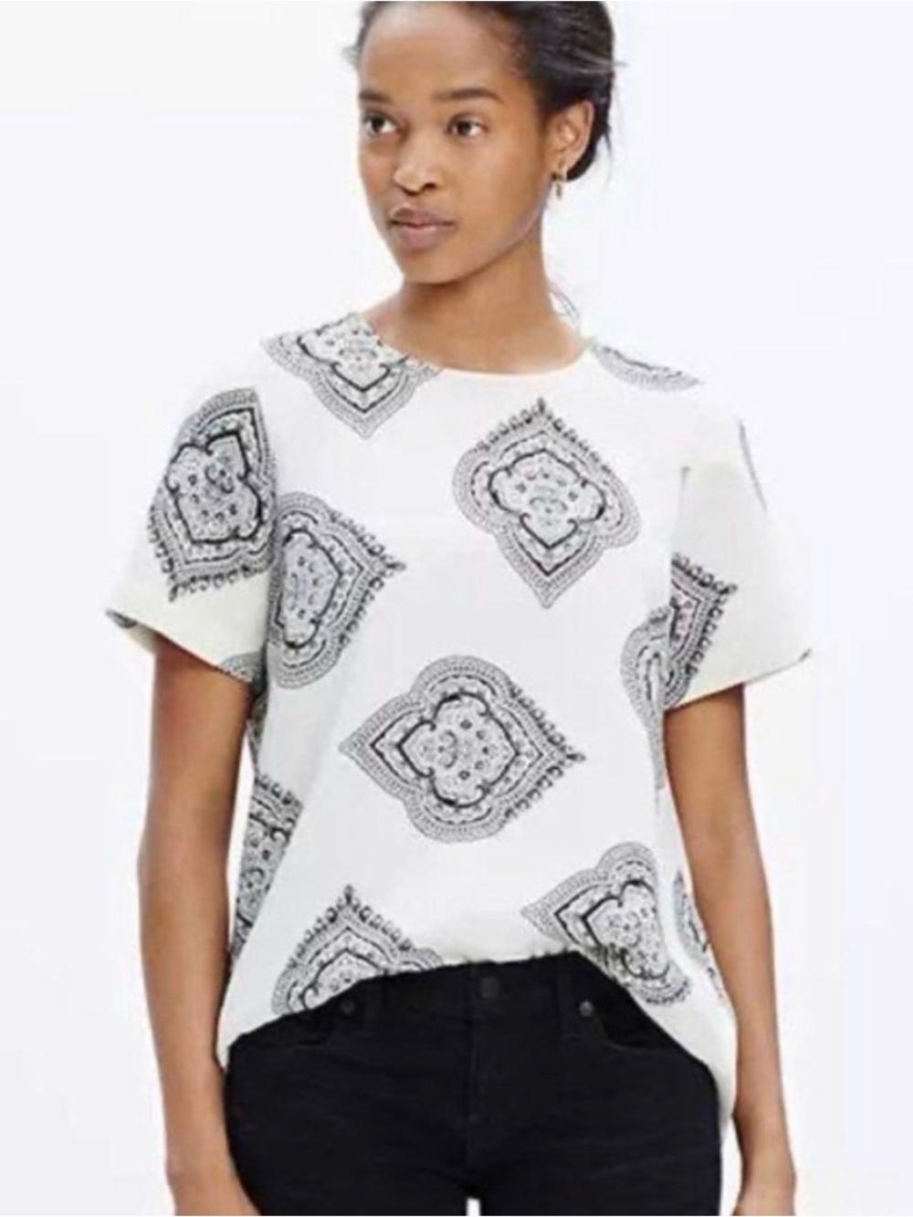 Madewell Short-Sleeve Crewneck Top with Black Medallion Print